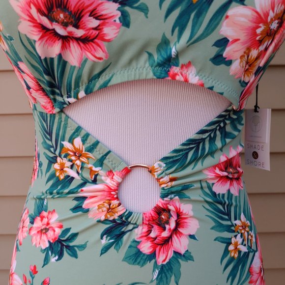 Shade & Shore One-Piece Bikini Green Floral Print NWT Underboob Cut-Out - Picture 6 of 14